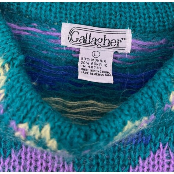 Vintage Gallagher Geometric Pattern Mohair & Acrylic Sweater Large Retro Aqua - Picture 2 of 4